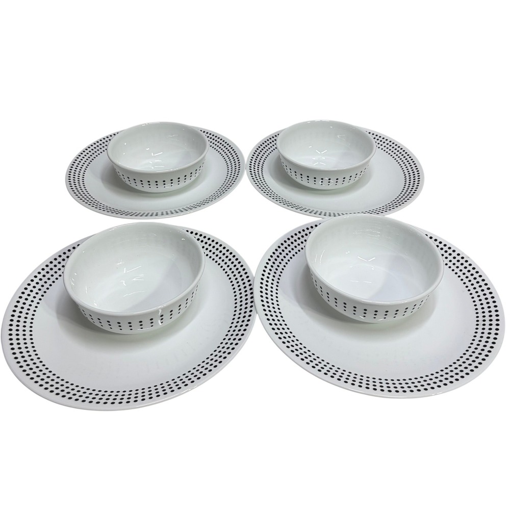 Corelle Vitrelle Bayside 8pc Set 4 Lunch Plates 4 Bowls Black White Dots USA